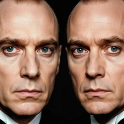 Columbo vs Hannibal Lecter, cinematic, faces in focus, symmetrical faces!!!, round symmetrical eyes!!!, kodak 2383 film