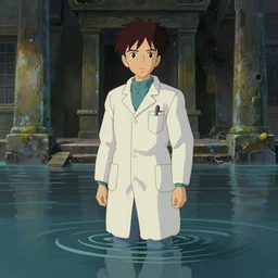 hyperrealist, studio ghibli dull colors portrait from close encounters of the third kind 1 9 7 7 of a young scientist standing in a flooded temple.