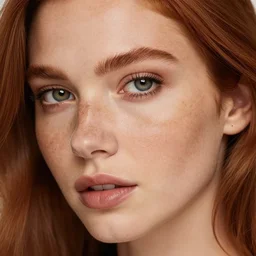 highly detailed close up portrait of a beautiful woman, ginger hair, lightly freckled, dark green eyes, seductive look