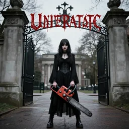 goth girl holding a chainsaw standing in front of university gate, urban fantasy book cover