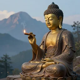 the buddha lighting a cigar, mountain in the background, stunning detail, digital art, digital painting, hyper - detailed, side shot, noon,