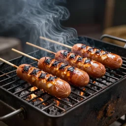 burnt hotdogs on a dirty grill