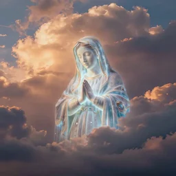 very faint luminescent virgin mary portrait in form of clouds with dramatic sunset clouds