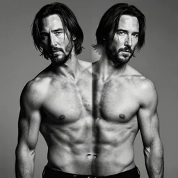 keanu reeves but it's a symmetrical photo shot in black and white and he is gigachad, he is shirtless and very muscular, he has veins on his arms