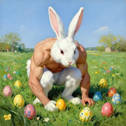 muscular man dressed as the easter bunny hides painted eggs in a field, bright colors, painting by gaston bussiere, craig mullins, j. c. leyendecker, norman rockwell