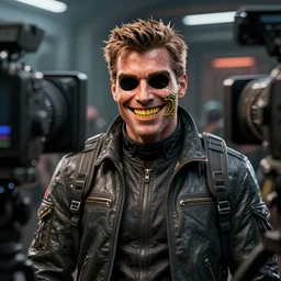G man from half life 2 in a supreme jacket with empty eye sockets grinning with yellow crocodile teeth into a TV camera, dystopia, depth of field, physically based rendering, pbr render, very detailed, volumetric lighting, octane render