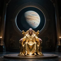 the emperor sits on gold futuristic chair in dark palace in front of huge central porthole in which venus planet is visible | still frame from the movie by ridley scott with cinematogrophy of christopher doyle and art direction by hans giger, anamorphic lens, kodakchrome, 8 k