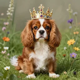 portrait of a cavalier king charles spaniel king, dog wearing a crown, jewelled crown, surrounded by grass and flowers, art by artgerm