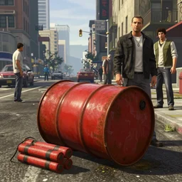 red rusty oil - drum with a pack of dynamite on it's side in gta v, in a empty street of new york, no cars, stephen bliss, unreal engine, fantasy art by greg rutkowski, loish, rhads, ferdinand knab, makoto shinkai and lois van baarle, ilya kuvshinov, rossdraws, tom bagshaw, global illumination, detailed and intricate environment