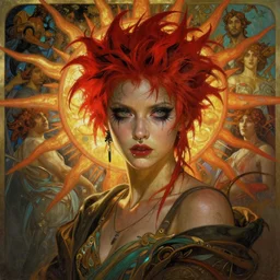 stunning, breathtaking, awe-inspiring award-winning concept art nouveau painting of attractive Ashley Liao as a punk with messy eyeliner, a septum piercing, and extremely short spikey hair dyed bright red, as the goddess of the sun, with anxious, piercing eyes, by Alphonse Mucha, Michael Whelan, William Adolphe Bouguereau, John Williams Waterhouse, and Donato Giancola, cyberpunk, extremely moody lighting, glowing light and shadow, atmospheric, cinematic, 8K