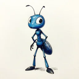 a one - eyed blue ant character study with a relaxed stance, pen and ink