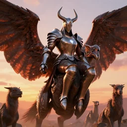 nazgul, in iron armor on winged creatures, cinematic lighting, sunset, octane render, 3 d pixar disney digital cgi rtx hdr painting, highly detailed, artstation cgsociety masterpiece, by syd mead, greg rutkowski, wlop, artger