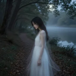 a double exposure of a beautiful side view portrait from above of a mystical young woman looking down, apparition, transparent, ghostly, white dress, motion blur, with a landscape photo of a misty night forest, muted tones, forest trail, lake, dappled moonlight