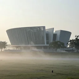 parametric architecture in serene landscape, mist