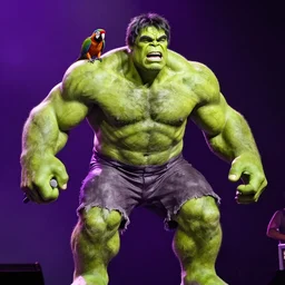 The incredible hulk singing on stage at a concert with a parrot on his shoulder