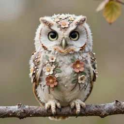 eye - level long shot of a very cute and highly floral ornamented owl chick sitting on a beech branch, fine floral ornaments woven between the feathers of the owl, fine ornamental floral background, by esao andrews, by m. w. kaluta, by yoshita amano, biopunk, volumetric light, rich colors, very humorous!!!, smooth, 3 d octane render, depth perception, 4 k,, artstation