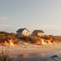 a couple of small houses sitting on top of a fire beach, a digital rendering by christian hilfgott brand, featured on dribble, photorealism, rendered in unreal engine, vray tracing, physically based rendering