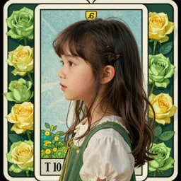 a side view portrait of 1 5 years old young and beautiful giorno giovanna, green and yellow roses fill the background, fantasy, detailed, cinematic, tarot card, highly detailed, golden ratio, pixiv