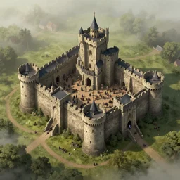 an isometric view of crowded medieval castle in the middle of england, illustration, art, hyper detailed, foggy, cinematic