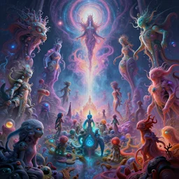 a psychedelic realm at the edge of existence where intensely creative astral beings exist, another realm is starting to bleed through into their world, in the style of wlop, illustration, epic, fantasy, hyper detailed, smooth, unreal engine, sharp focus, ray tracing