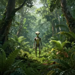 an alien in the amazon forest, plants environment, wide angle, cinematic lighting, atmospheric, realistic, octane render, highly detailed, in the style of craig mullins