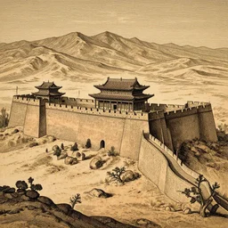 ancient chinese fortress in the mountains of xi\'an, desert environment, mountainous gobi desert historic woodcut-styled artwork from ancient china hyperdetailed, artstation trending, world renowned artists, worth1000.com, historic artworks society, antique renewel, cgsociety, by greg rutkowski, by Gustave Dore, Deviantart