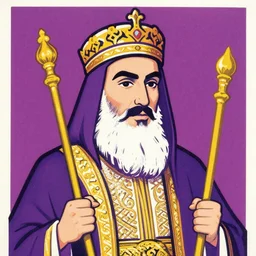 Polish posters for Arabic king with long beard wearing purple robes, king's crown, and golden scepter. Screen printed, silkscreen, paper texture. 1968