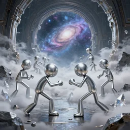 stickman figures, battle each other, metalic silver, stones, crystal, cloud, smoke, wide view, portal to a ancient scifi cyberpunk galaxy, extremely detailed, sharp focus, full body shot, smooth, digital illustration, by, james jean, by rossdraws, frank franzzeta, sakimichan, mcbess, aphonse mucha