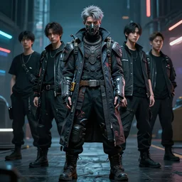 very cool man grey hair with piercing, face mask, streetwear, techwear, cyberpunk style outfit, full body, nose piercing, detailed portrait, intricate complexity, by greg rutkowski, cushart krentz, artgerm, ross tran, conrad roset, takato yomamoto, ilya kuvshinov. 4 k, beautiful, cinematic, atmosphere, cyberpunk background lighting