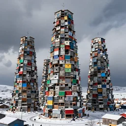 giant towers made up of colourful makeshift squatter shacks, mamiya, snowy weather, fine details, minimalist, photographed by frans lanting