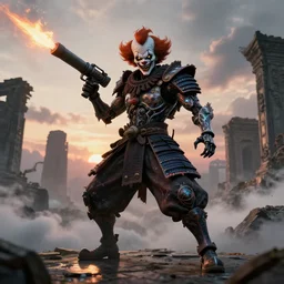 portrait of a diabolical cyborg clown samurai armed with flamethrougher, torn cape, dynamic pose, glowing eyes, ancient ruins, glowing veins subsurface scattering, in clouds, sunset, portrait, by gerald brom, by mikhail vrubel, by peter elson, muted colors, extreme detail, reflections, trending on artstation, 8 k