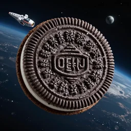 a oreo cookie as starship in the space, high detail, hyper tech, space journey aesthetic, matte painting, artstation, octane render