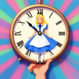 alice in wonderland clock background, psychedelic, a hand reaching from underneath,