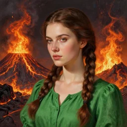 woman with braided brown hair, wearing a green blouse, highly detailed, intricate, in the style of ilya kuvshinov, blazing infero, volcano landscape