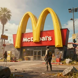 post apocalyptic McDonalds::2, fallout, wasteland, octane render, 8k