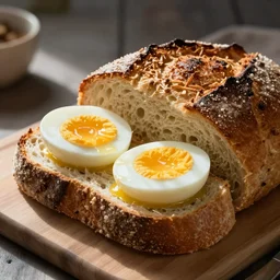 A baked loaf of bread, cut open and stuffed with hard boiled eggs.