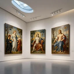 interior futuristic art gallery wide angle highly detailed by santiago calatrava, three wall hanging paintings famous pieces bycavallini!, captivating 8 k hdr, octane render godrays hyperrealism