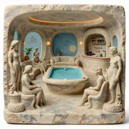 cropped extreme telephoto of!!!!!! stone sculpture!!!!!, depicting a!! futuristic lounge room!! with pool + kitchen + classical sculpture people ( ( ( sculpture styling influenced by norman rockwell + frank frazetta + syd mead ) ) ) ( retro 7 0 s colors, matte material, clay, marble )