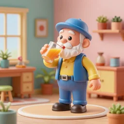 3 d toy old man drinking juce in his apartment, surreal, vibrant colors, octane renderer, trending on pinterest