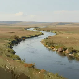 digital art painting of a river running through the plains, very mediocre, not so detailed at all.