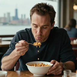jc denton from deus ex eats cereal at a table, liberty island, high quality, photorealistic, highly detailed face, 4 k, hd