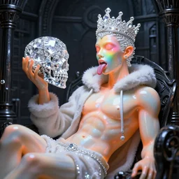 photo of baroque and bladerunner delicate neon diamond sculpture of ceramic albino king adrien sahores seductive delicious lip licking, creamy orange iridescent humanoid deity wearing white fluffy hoody holding diamond skull in a black metallic dungeon, reclining, glowing rainbow face, crown of white diamonds, cinematic lighting, photorealistic, octane render 8 k depth of field 3 d