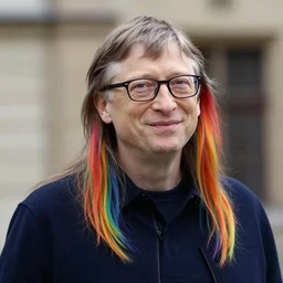 real photograph, bill gates rainbow colored long hair, in legnica, medium close shot, photo mid shot