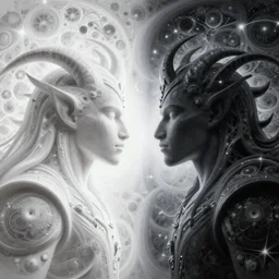 the battle of light and dark, gemini facing each other, fantasy character portrait made of fractals, ultra realistic, wide angle, intricate details, the fifth element artifacts, highly detailed by peter mohrbacher, hajime sorayama, wayne barlowe, boris vallejo, aaron horkey, gaston bussiere, craig mullins