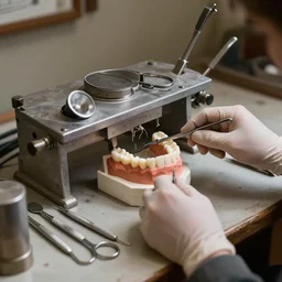medieval dental laboratory. instruments and dental models.