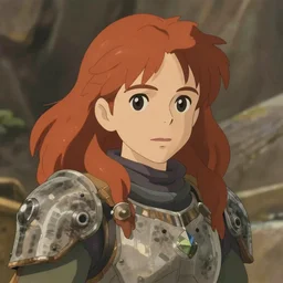 a rustic woman wearing futuristic armor, detailed face, redhead, by studio ghibli