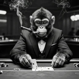 monkey in a suit smoking a cigar and playing poker in a casino, 5 0 mm, black and white photo, octane render, realistic