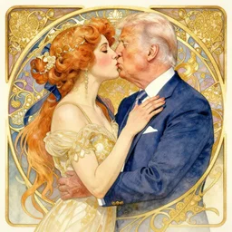 donald trump kissing joe biden | highly detailed | very intricate | art nouveau | gold filigree | romantic storybook fantasy | soft cinematic lighting | award - winning | disney watercolor illustration by mandy jurgens and alphonse mucha and alena aenami | pastel color palette | featured on artstation