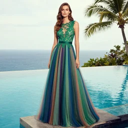 fashion editorial of young supermodel linda evangelista wearing a green lace gown with multi colored tulle threads by a beautiful bali indonesia infinity pool, photographed in the style of mario testino