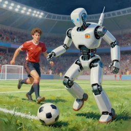 a beautiful complex painting of a robot playing football